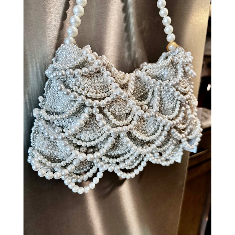 VIRAL INDIA HANDMADE Beaded Pearl Scallop Evening Bag Bridal Wedding Clutch - Picture 3 of 11